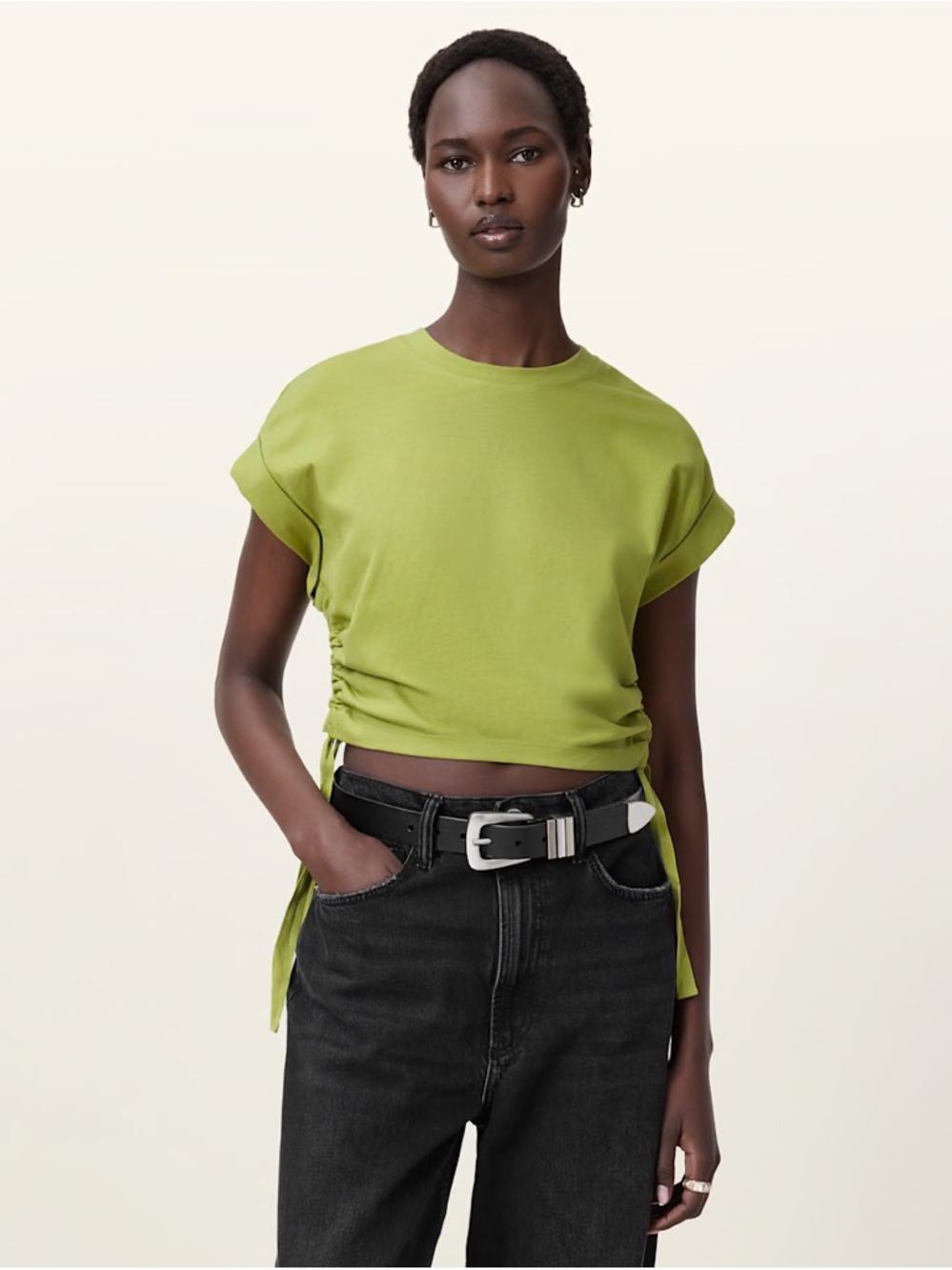All Saints Mira Cropped Drawcord T-Shirt in "Unity Green"